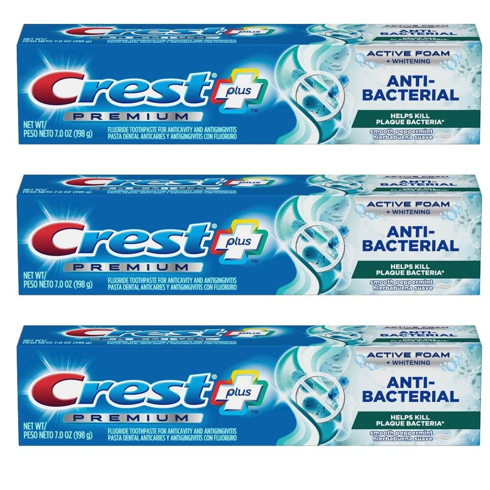 Crest Premium Plus Anti-Bacterial Toothpaste tube with Smooth Peppermint flavor