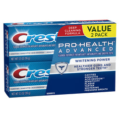 Close-up of Crest Pro-Health Advanced Whitening toothpaste tube label highlighting whitening and enamel protection