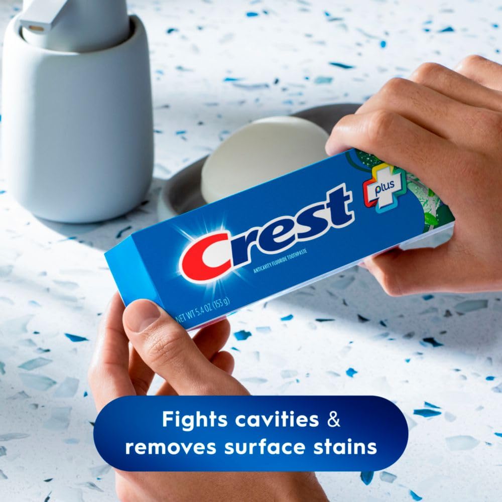 Close-up of Crest logo on Scope Outlast toothpaste tube