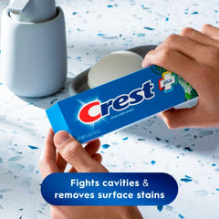 Close-up of Crest logo on Scope Outlast toothpaste tube