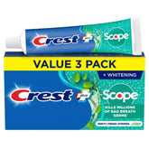 Front view of Crest + Scope Whitening Toothpaste 3-pack