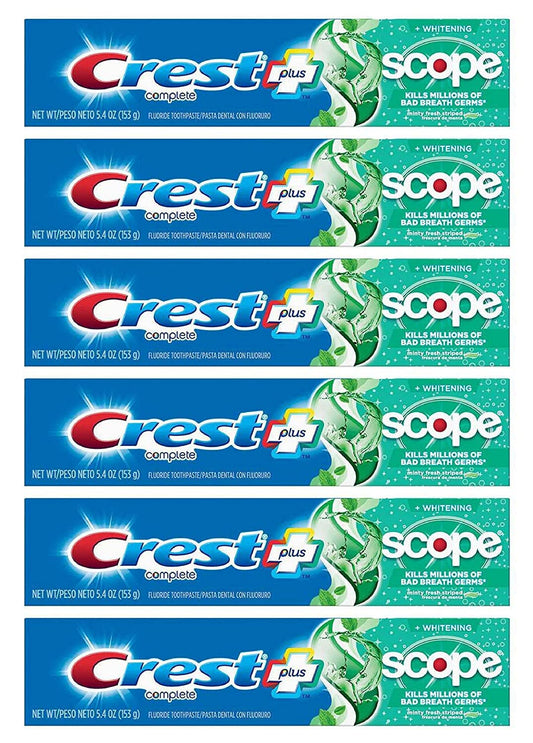 Front view of Crest toothpaste 5.4 oz with Scope branding