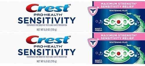 Crest Sensitivity Whitening toothpaste box and tube with Scope Minty Fresh label