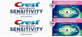 Crest Sensitivity Whitening toothpaste box and tube with Scope Minty Fresh label