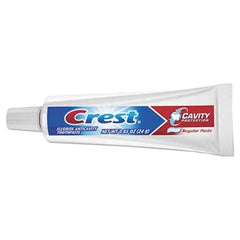 Close-up of Crest travel-size toothpaste tubes suitable for hospitality or dentist offices.