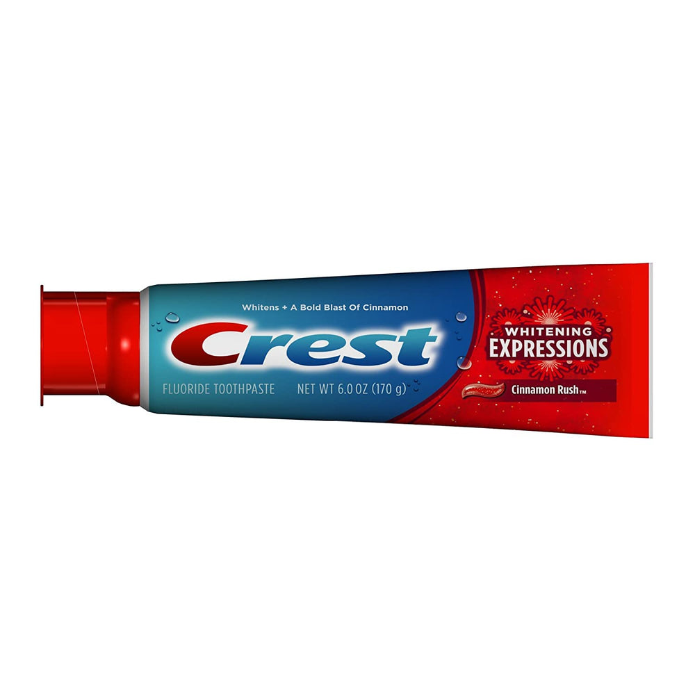 Close-up of Crest Complete Cinnamon Rush toothpaste tube
