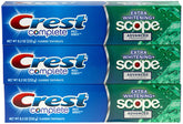 Front view of Crest Complete Multi-Benefit Fluoride Toothpaste 8.2 oz, 3-count package.