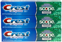 Front view of Crest Complete Multi-Benefit Fluoride Toothpaste 8.2 oz, 3-count package.