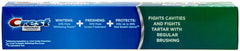 Back/packaging with benefits details for Crest Complete Multi-Benefit Toothpaste.