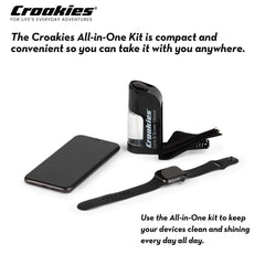 Lifestyle image of Croakies cleaning kit with eyewear during travel