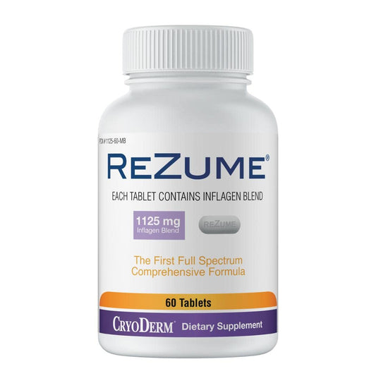 CryoDerm REZUME Tablets bottle with Full Spectrum Inflagan Blend Formula, 60 count