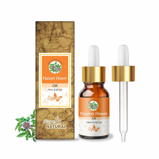 Crysalis Passion Flower Oil bottle shows pale yellow oil, ideal for skincare and diffusion.