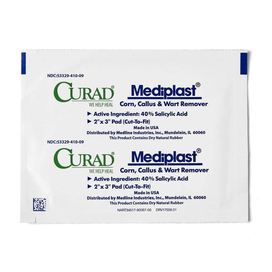 Curad Mediplast corn, callus and wart remover packaging signals a reliable at-home solution.