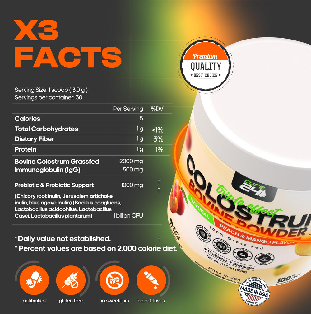 Scooping Cure24 Colostrum powder with a measuring scoop