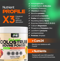 Peach-Mango flavor profile of Cure24 Colostrum powder