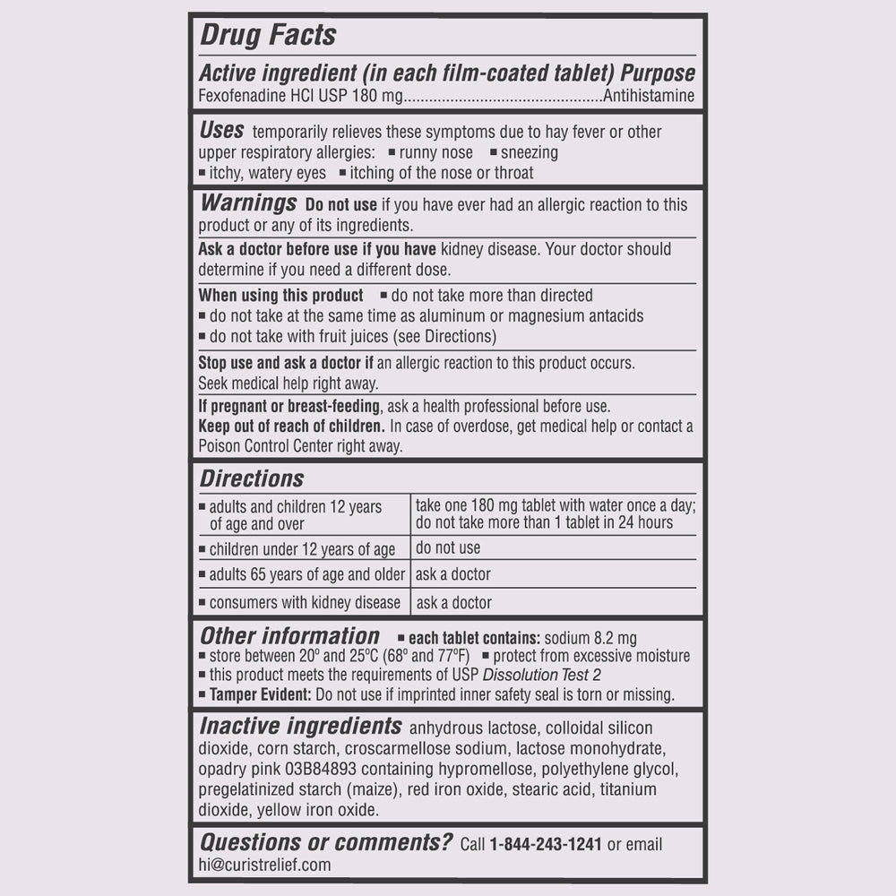 Curist Fexofenadine visuals depicting runny nose relief and itchy eyes support.