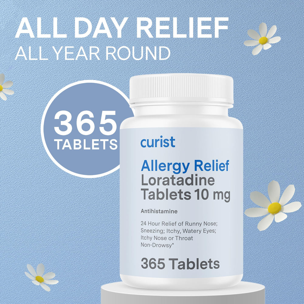 Curist Loratadine 10mg 365-tablet bottle for year-long allergy management.