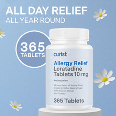 Curist Loratadine 10mg 365-tablet bottle for year-long allergy management.
