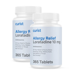 Curist Loratadine 10mg tablets in bottle for all-day allergy relief.