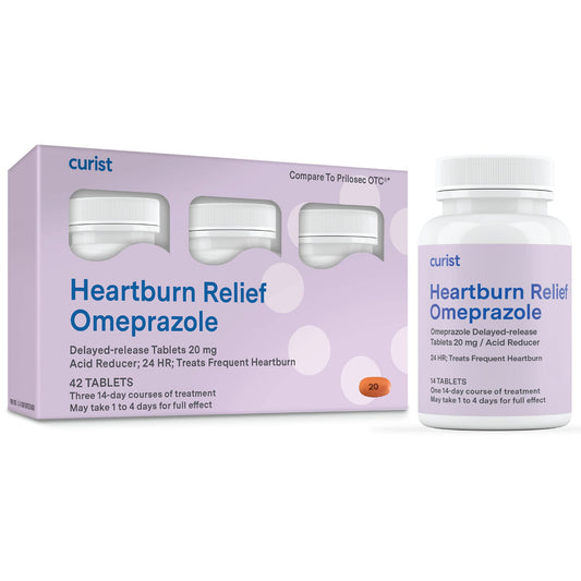 Curist Omeprazole 20mg tablets in a 42-count bottle for daily heartburn relief
