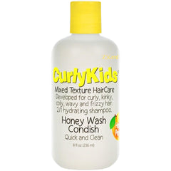 CurlyKids Honey Wash Condish bottle highlights 2-in-1 formula for easy hair care