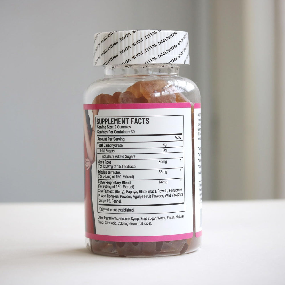Close-up of Curve Maca Gummies product label