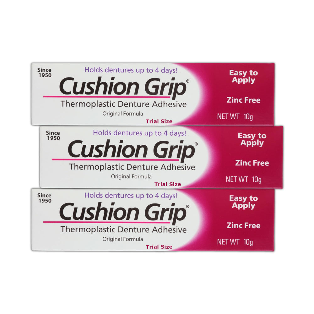 Cushion Grip Thermoplastic Denture Adhesive 0.35 oz travel size tube in a 3-pack