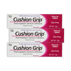 Cushion Grip Thermoplastic Denture Adhesive 0.35 oz travel size tube in a 3-pack