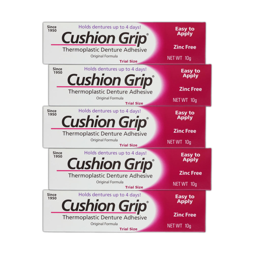 Cushion Grip Denture Adhesive 0.35 oz travel size 5-pack packaging