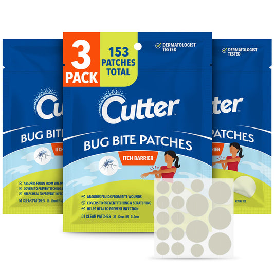 Cutter Bug Bite Patches packaging shows a resealable pouch for outdoor first aid.