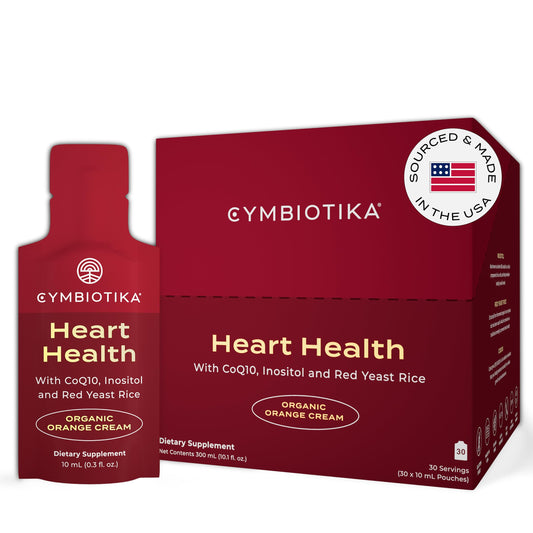 CYMBIOTIKA Heart Health Supplement packaging with CoQ10 and Red Yeast Rice, 30-pack front