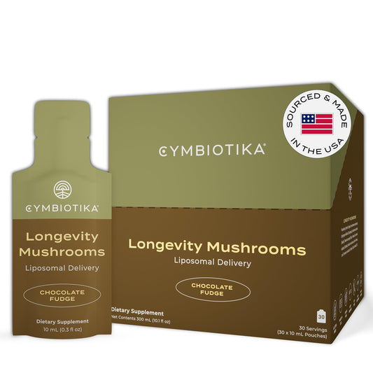 Hero shot of CYMBIOTIKA liposomal mushroom supplement bottle, chocolate fudge flavor, 30-pack