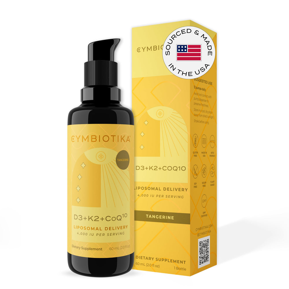 CYMBIOTIKA Vitamin D3 + K2 + CoQ10 Liquid bottle with Tangerine flavor