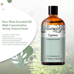 Close-up of amber glass bottle 100ml Cypress essential oil