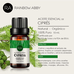 Close-up of Cypress essential oil bottle label