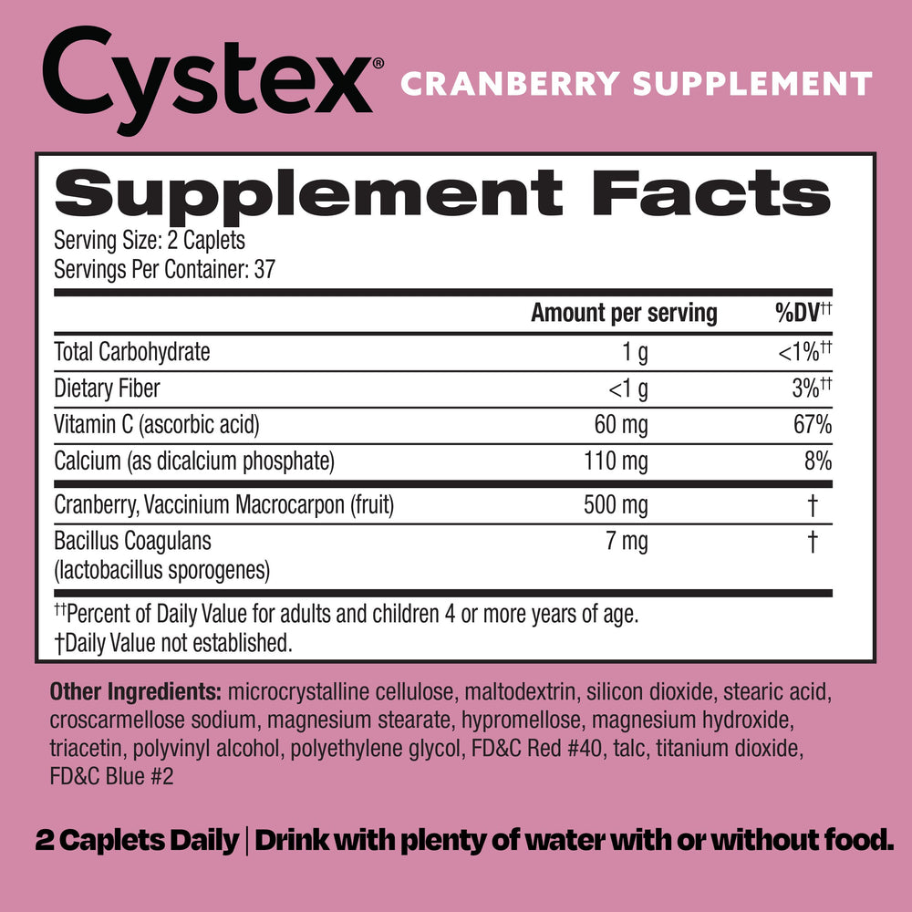 Nutrition facts panel close-up for Cystex Cranberry Urinary Health Supplement