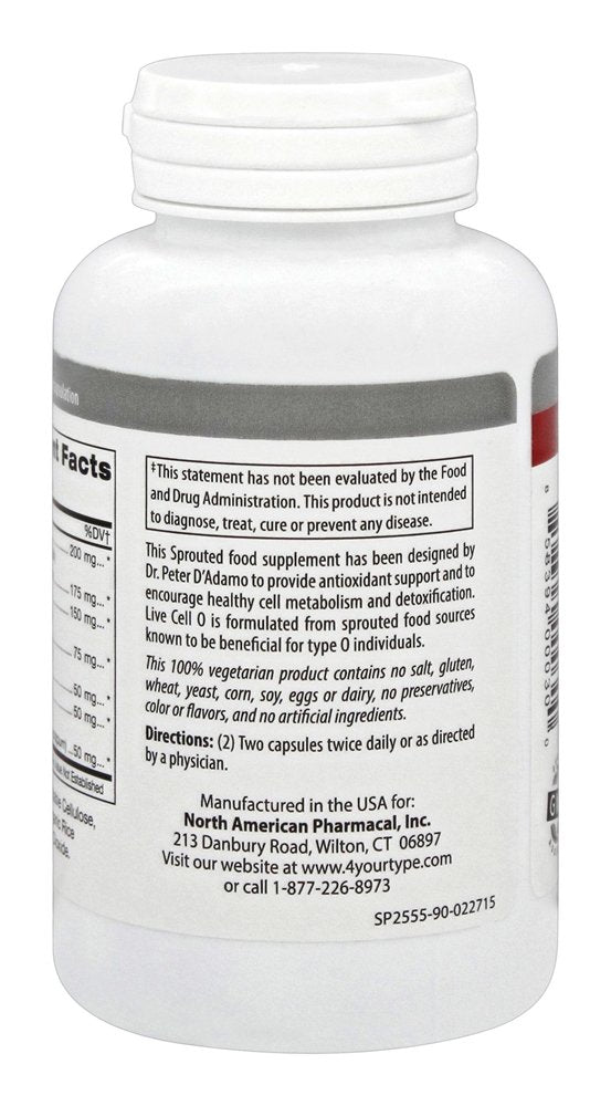 Label showing ingredients for D'Adamo Live Cell O 90 Vcaps