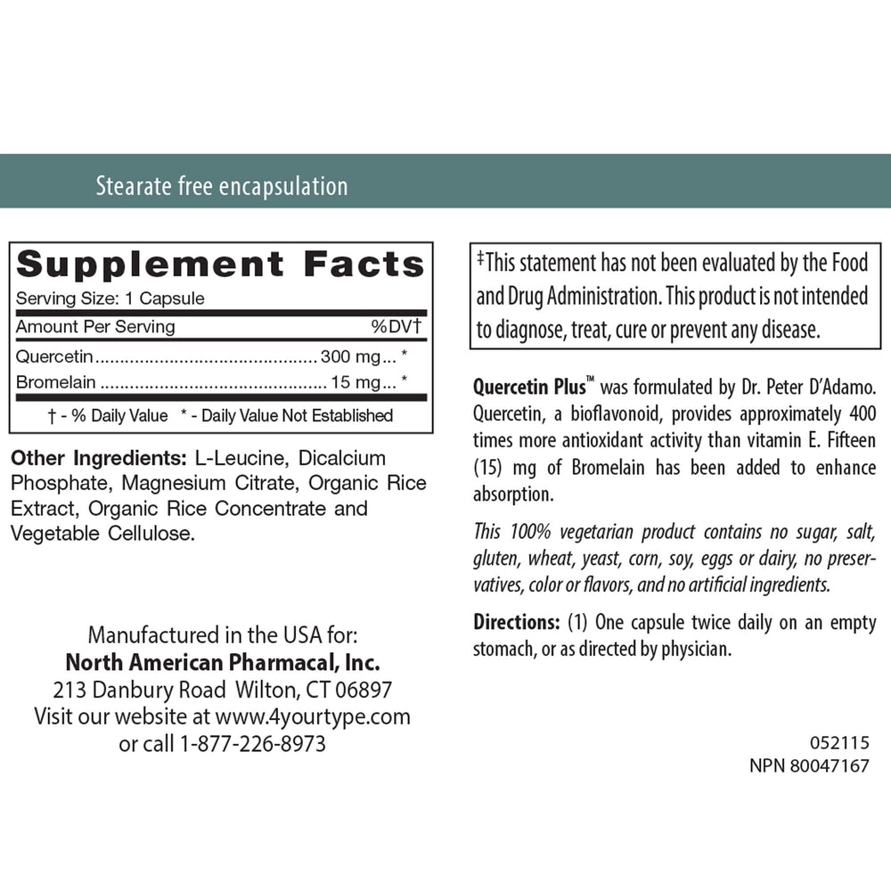 Nutritional facts for Quercetin Plus 90 vcaps