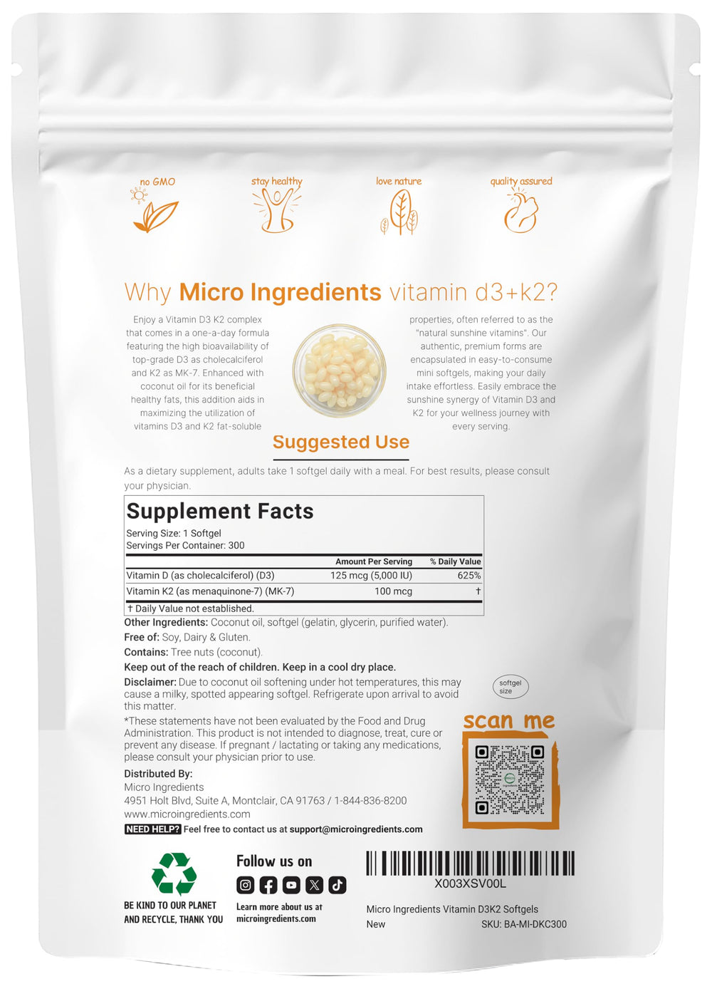 Close-up of D3 5000 IU and K2 100 mcg softgels