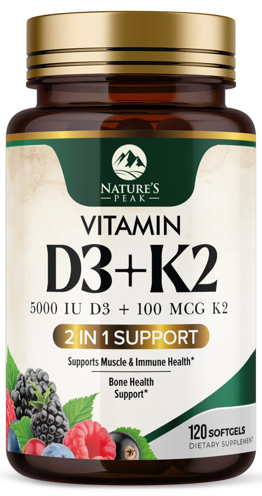Front view of the D3 K2 Vitamin 5000 IU softgel bottle.