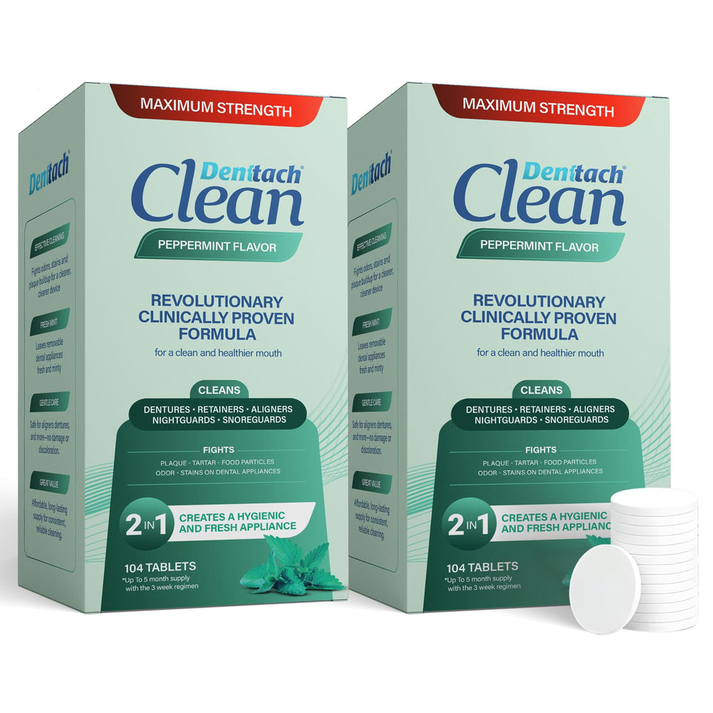 Front view of Denttach Clean peppermint denture and retainer cleaner tablets, two 104-count packs