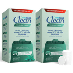 Front view of Denttach Clean peppermint denture and retainer cleaner tablets, two 104-count packs