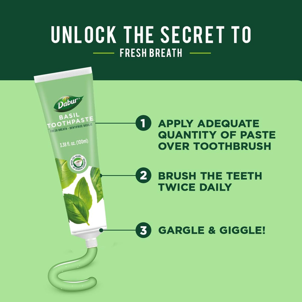 Person brushing teeth with Dabur Herbal Toothpaste Basil for fresh breath