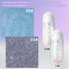 DAGEDA holographic glitter applied to face for a shimmering effect.