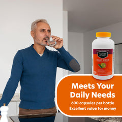 Daily fiber supplement bottle with 600 capsules for adults