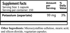 Potassium Aspartate 150 Vegetarian Capsules supplement facts label