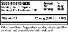 Close-up of Vitamin D3 800 IU capsule label showing Non-GMO