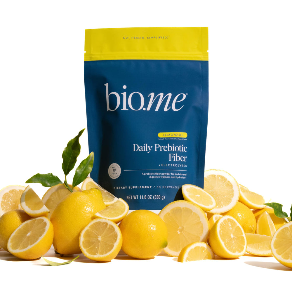 30 servings packaging of Bio.me Daily Prebiotic Fiber Lemonade