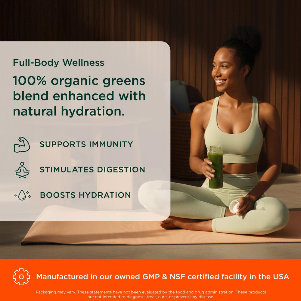 Close-up of powder with greens and pineapple imagery