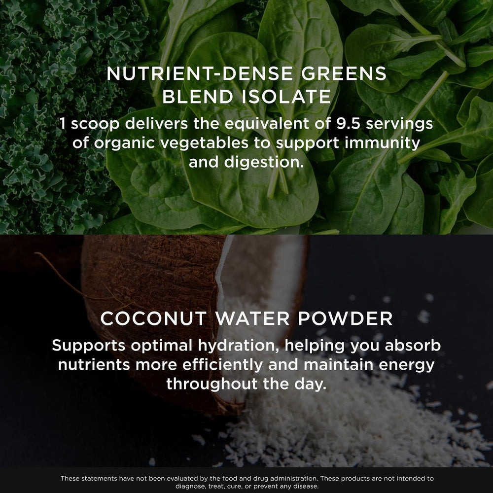 Ingredients panel showing greens, fruits, and vegetables in powder form